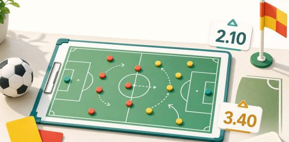 Pizarra táctica de fútbol con tarjetas, córner y etiquetas de cuotas que ilustran los mercados de apuestas del Mundial