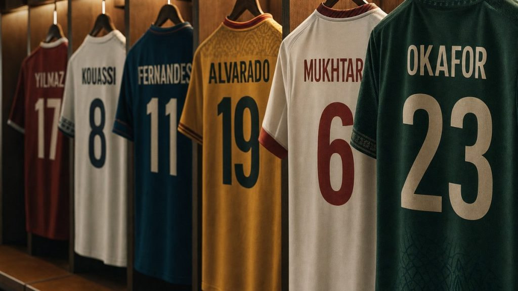 Camisetas de fútbol colgadas de espaldas con distintos dorsales y apellidos en un vestuario del Mundial 2026
