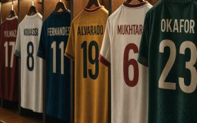 Camisetas de fútbol colgadas de espaldas con distintos dorsales y apellidos en un vestuario del Mundial 2026
