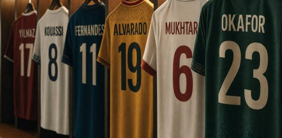 Camisetas de fútbol colgadas de espaldas con distintos dorsales y apellidos en un vestuario del Mundial 2026