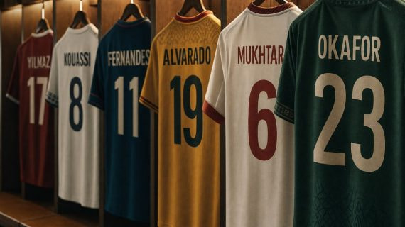 Camisetas de fútbol colgadas de espaldas con distintos dorsales y apellidos en un vestuario del Mundial 2026