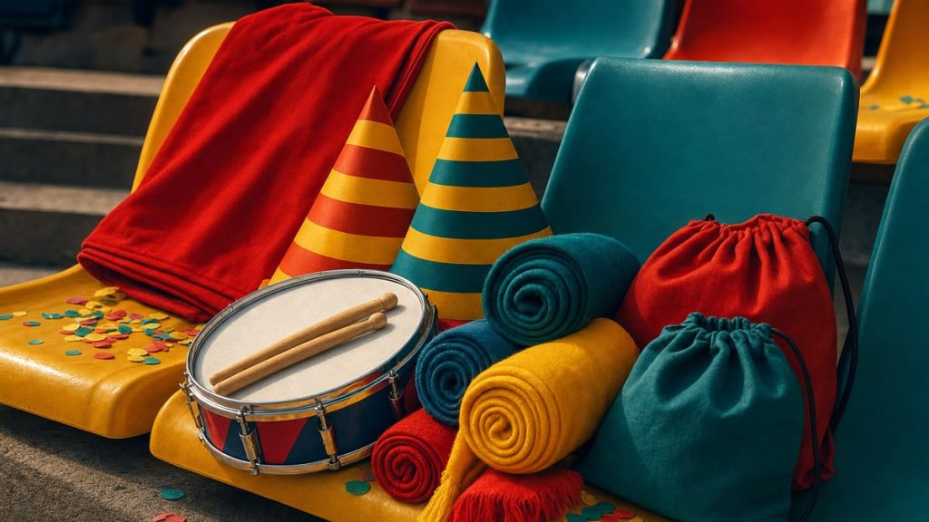 Sombreros de papel, un tambor con baquetas, bufandas enrolladas y bolsas de tela sobre los asientos vacíos de un estadio