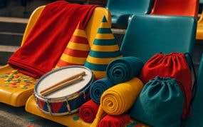 Sombreros de papel, un tambor con baquetas, bufandas enrolladas y bolsas de tela sobre los asientos vacíos de un estadio