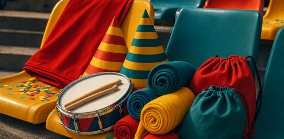 Sombreros de papel, un tambor con baquetas, bufandas enrolladas y bolsas de tela sobre los asientos vacíos de un estadio