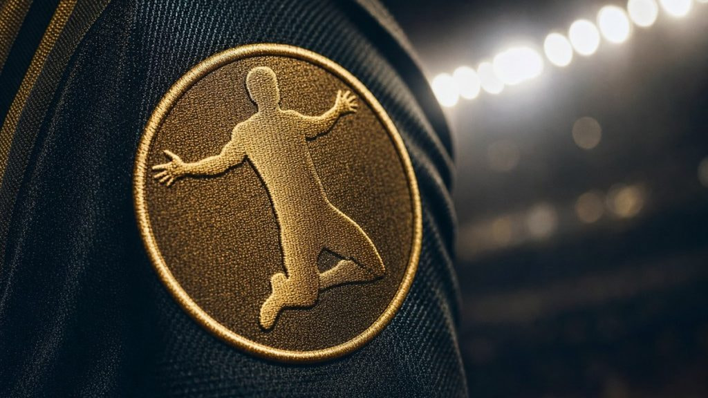Parche dorado bordado con la silueta de un futbolista en la manga de una camiseta del Mundial 2026