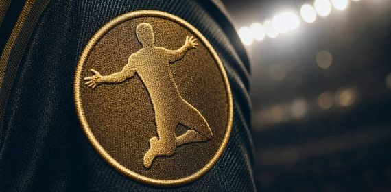 Parche dorado bordado con la silueta de un futbolista en la manga de una camiseta del Mundial 2026