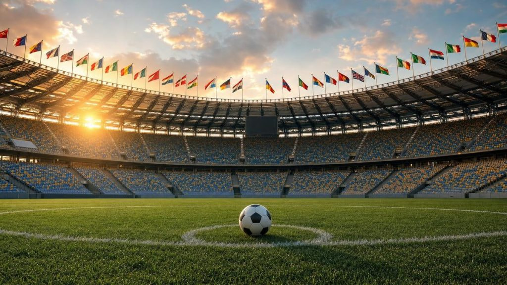 Balón en el círculo central de un estadio vacío rodeado de banderas internacionales al atardecer