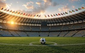 Balón en el círculo central de un estadio vacío rodeado de banderas internacionales al atardecer