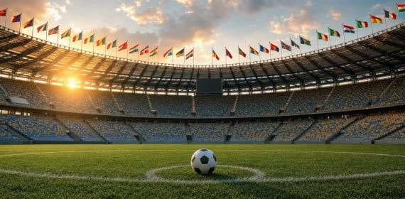 Balón en el círculo central de un estadio vacío rodeado de banderas internacionales al atardecer