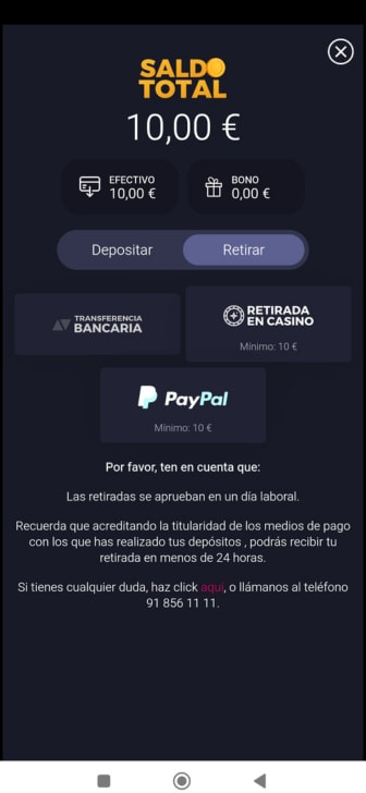 Cajero del operador con los métodos de retirada disponibles: PayPal, transferencia y efectivo en el casino