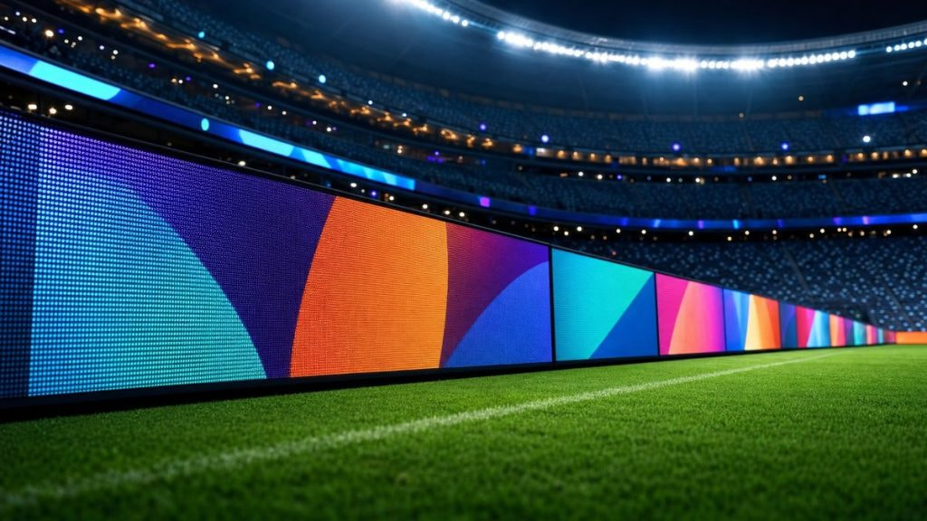 Vallas publicitarias LED iluminadas a pie de campo en un estadio del Mundial 2026 durante un partido nocturno