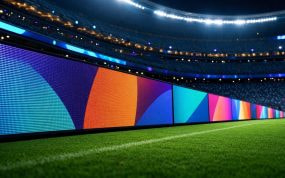 Vallas publicitarias LED iluminadas a pie de campo en un estadio del Mundial 2026 durante un partido nocturno