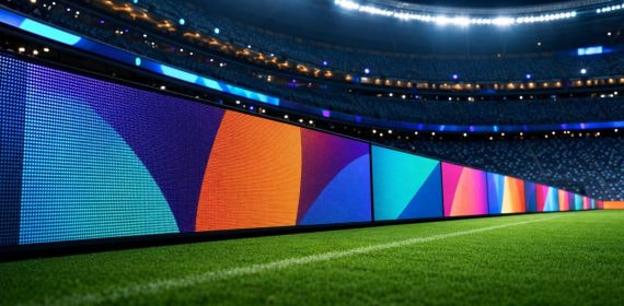 Vallas publicitarias LED iluminadas a pie de campo en un estadio del Mundial 2026 durante un partido nocturno