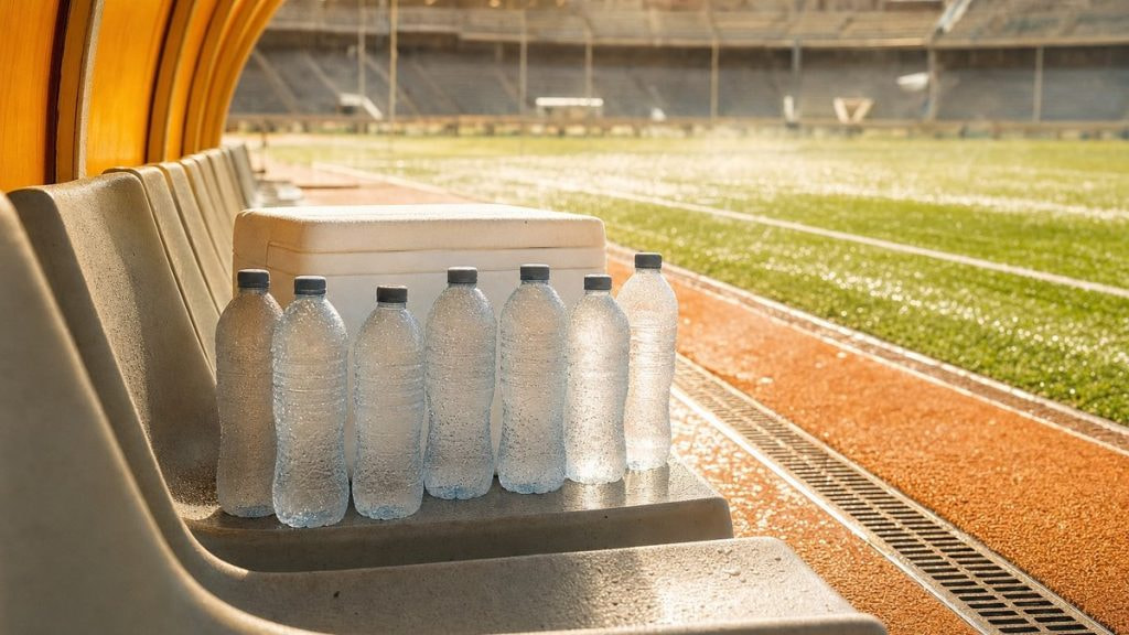 Botellas de agua heladas junto a una nevera en un banquillo vacío bajo el calor de un estadio de fútbol