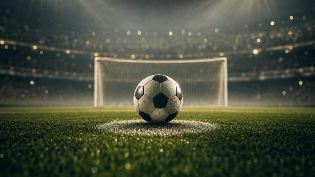Balón sobre el punto de penalti frente a una portería vacía en un estadio iluminado de noche