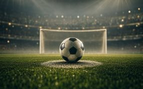 Balón sobre el punto de penalti frente a una portería vacía en un estadio iluminado de noche