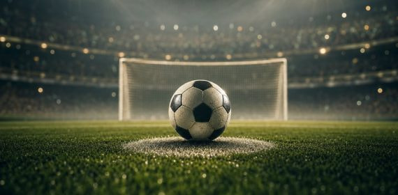 Balón sobre el punto de penalti frente a una portería vacía en un estadio iluminado de noche