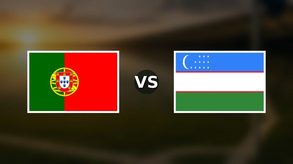 Banderas de Portugal y Uzbekistán enfrentadas sobre un campo de fútbol difuminado, pronóstico del Mundial 2026