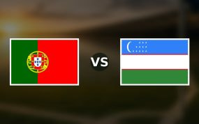 Banderas de Portugal y Uzbekistán enfrentadas sobre un campo de fútbol difuminado, pronóstico del Mundial 2026