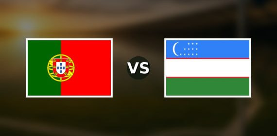 Banderas de Portugal y Uzbekistán enfrentadas sobre un campo de fútbol difuminado, pronóstico del Mundial 2026