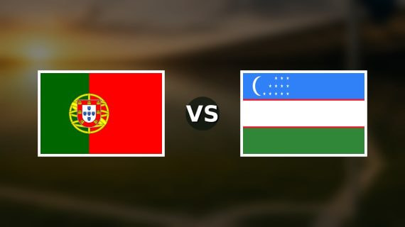 Banderas de Portugal y Uzbekistán enfrentadas sobre un campo de fútbol difuminado, pronóstico del Mundial 2026
