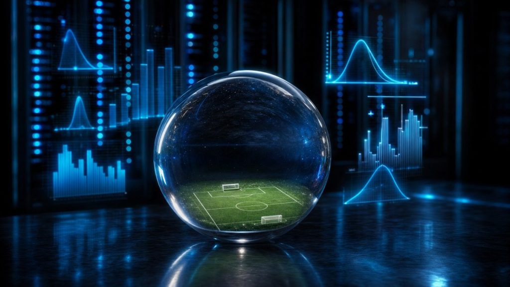 Bola de cristal con un campo de fútbol dentro rodeada de curvas de probabilidad y servidores