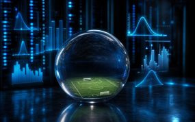 Bola de cristal con un campo de fútbol dentro rodeada de curvas de probabilidad y servidores