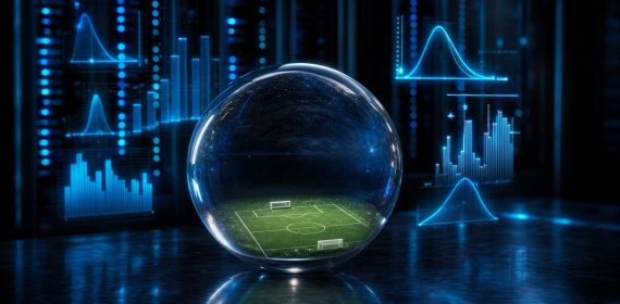 Bola de cristal con un campo de fútbol dentro rodeada de curvas de probabilidad y servidores