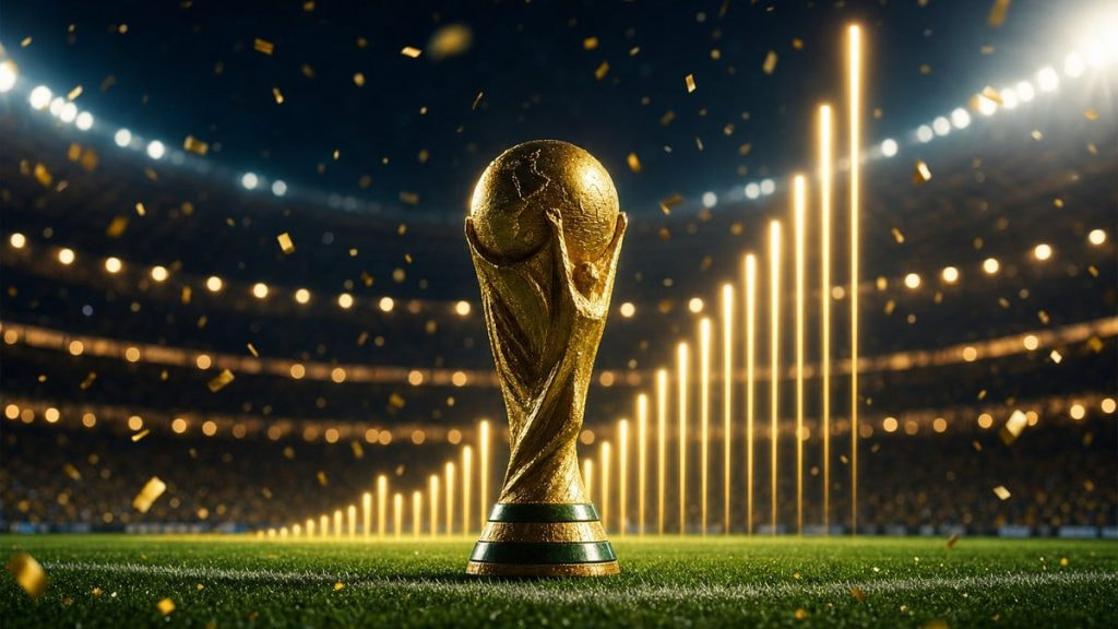Trofeo dorado de fútbol iluminado sobre el césped junto a barras de luz ascendentes que evocan récords batidos