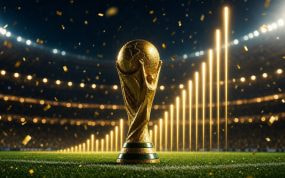 Trofeo dorado de fútbol iluminado sobre el césped junto a barras de luz ascendentes que evocan récords batidos