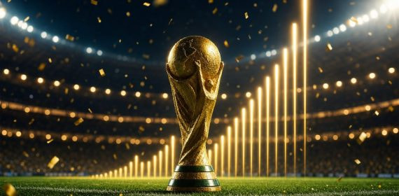 Trofeo dorado de fútbol iluminado sobre el césped junto a barras de luz ascendentes que evocan récords batidos