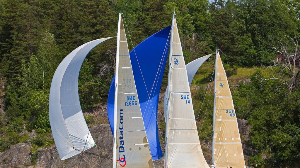 Flota de veleros de regata navegando con spinnakers desplegados junto a una costa boscosa durante una competicion de vela