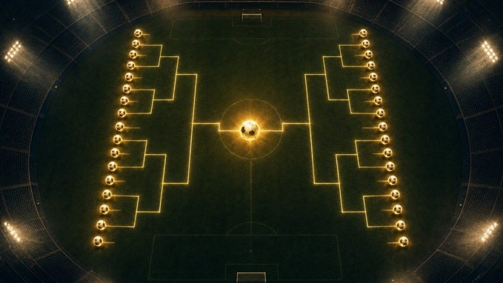 Cuadro eliminatorio iluminado sobre el césped de un estadio nocturno que converge en un balón dorado central