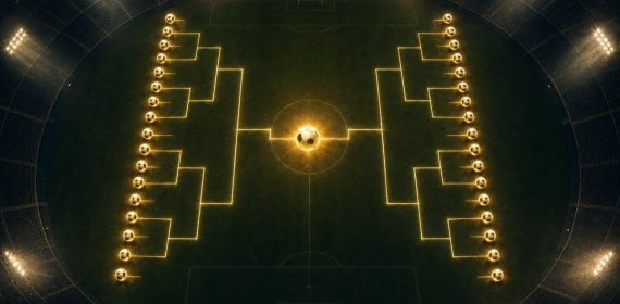 Cuadro eliminatorio iluminado sobre el césped de un estadio nocturno que converge en un balón dorado central