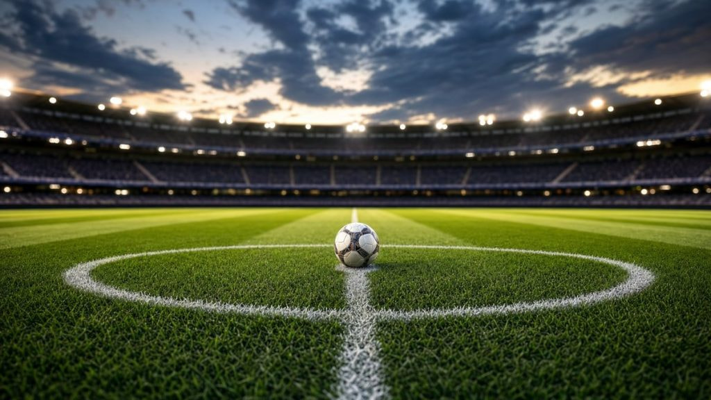 Balón de fútbol sobre el punto de saque en el círculo central de un estadio iluminado antes del inicio del partido