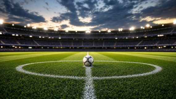 Balón de fútbol sobre el punto de saque en el círculo central de un estadio iluminado antes del inicio del partido