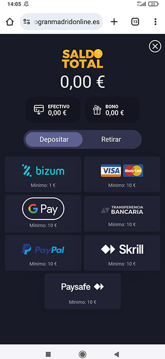 Métodos de pago con el depósito mínimo de cada uno en el cajero de una casa de apuestas