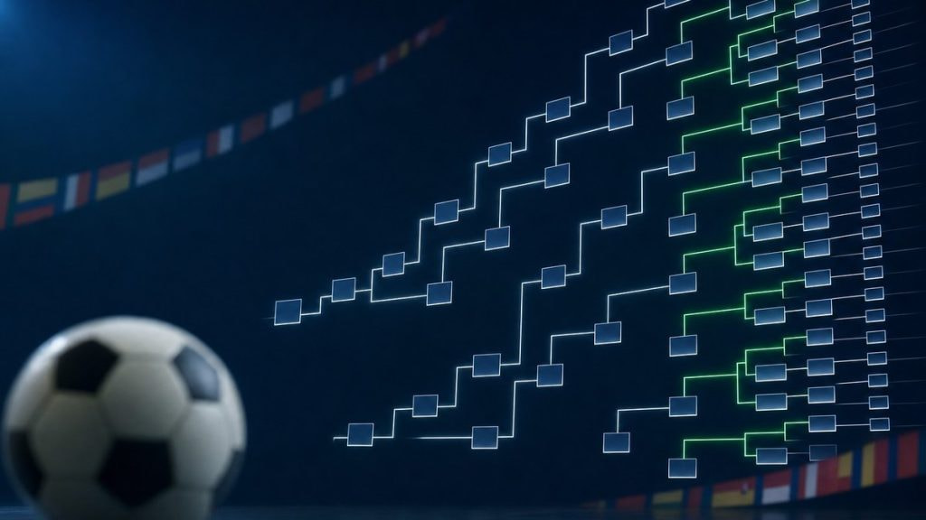 Cuadro de eliminatorias mundialista ampliado con nodos luminosos y un balón de fútbol en primer plano sobre fondo azul