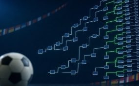 Cuadro de eliminatorias mundialista ampliado con nodos luminosos y un balón de fútbol en primer plano sobre fondo azul