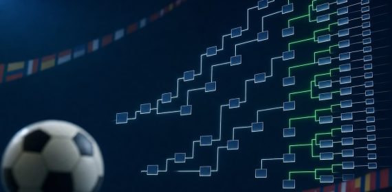 Cuadro de eliminatorias mundialista ampliado con nodos luminosos y un balón de fútbol en primer plano sobre fondo azul