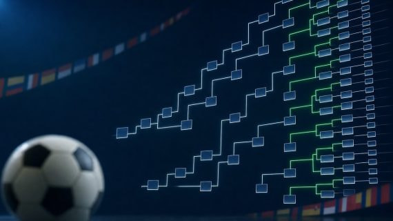 Cuadro de eliminatorias mundialista ampliado con nodos luminosos y un balón de fútbol en primer plano sobre fondo azul