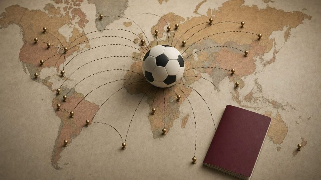 Balón de fútbol en el centro de un mapamundi con chinchetas doradas unidas por líneas hacia varios países
