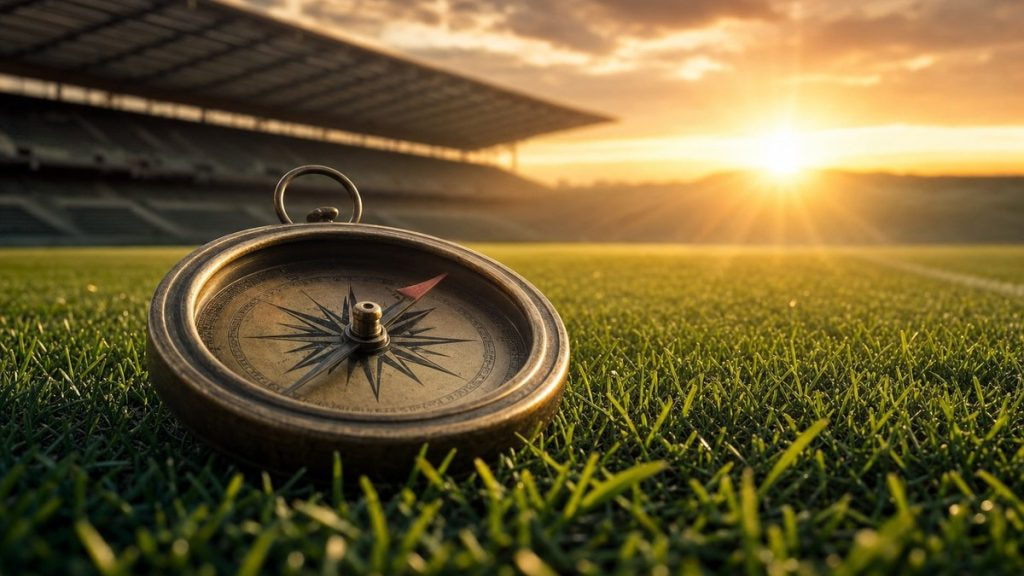 Brújula de latón sobre el césped de un estadio vacío apunta al horizonte al amanecer rumbo al Mundial 2030