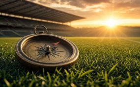 Brújula de latón sobre el césped de un estadio vacío apunta al horizonte al amanecer rumbo al Mundial 2030