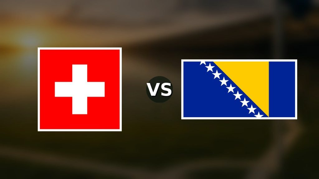 Banderas de Suiza y Bosnia y Herzegovina enfrentadas sobre un campo de fútbol difuminado, pronóstico del Mundial 2026