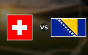 Banderas de Suiza y Bosnia y Herzegovina enfrentadas sobre un campo de fútbol difuminado, pronóstico del Mundial 2026