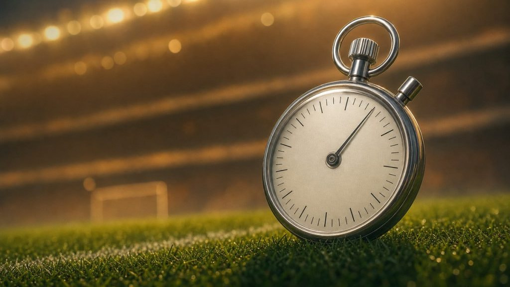 Cronómetro plateado sobre el césped de un estadio al atardecer, símbolo del tiempo efectivo de un partido