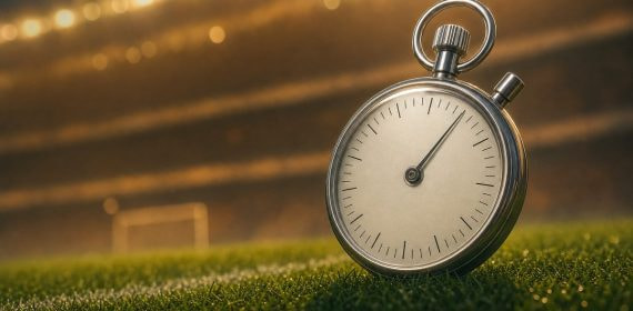 Cronómetro plateado sobre el césped de un estadio al atardecer, símbolo del tiempo efectivo de un partido
