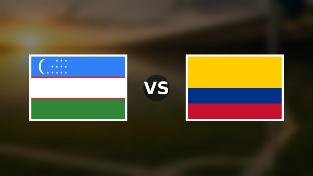 Banderas de Uzbekistán y Colombia enfrentadas sobre un campo de fútbol difuminado, pronóstico del Mundial 2026