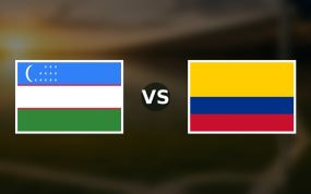 Banderas de Uzbekistán y Colombia enfrentadas sobre un campo de fútbol difuminado, pronóstico del Mundial 2026